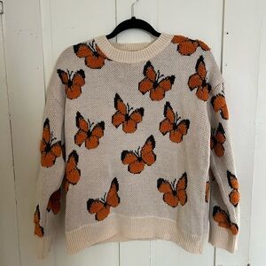 Butterfly Patterned Sweater - Cream and Orange